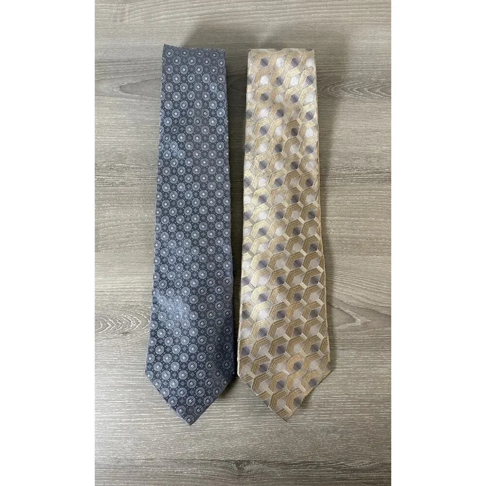 Fumagallis Uomo Lot of 2 Ties- Gray‎ Geometrical Designs and Tan- 100% Silk- EUC